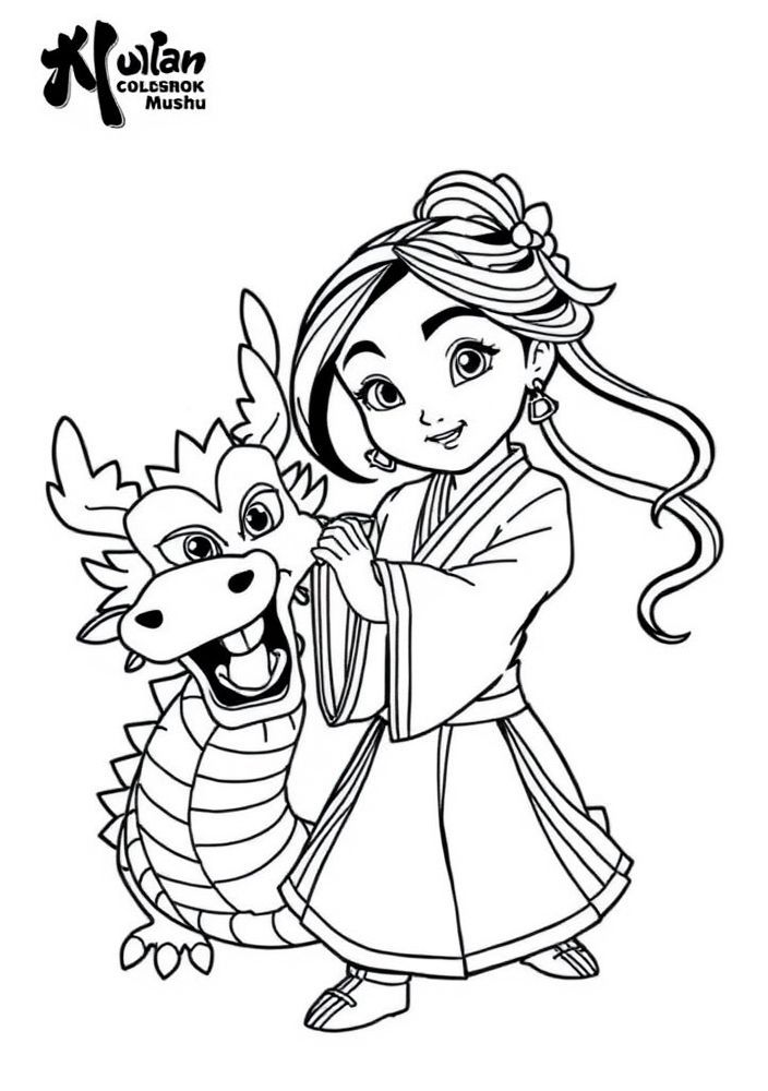 Desenho da Mulan com seu dragão Mushu para colorir
