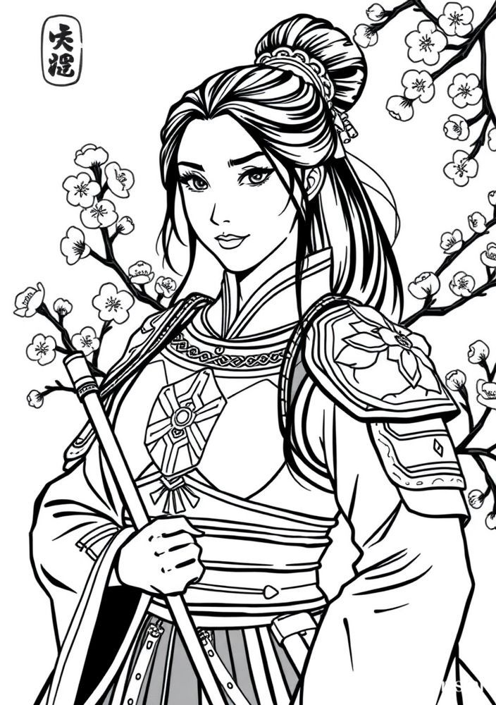 Desenho da Mulan com sua armadura e flores de cerejeira para colorir