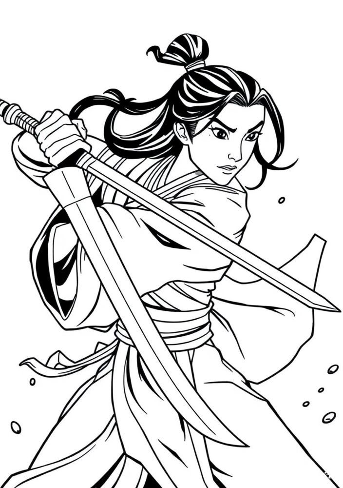Desenho da Mulan em uma luta com espada para colorir