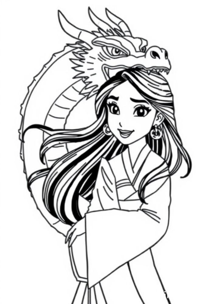 Desenho da Mulan fantasiosa com dragão para colorir