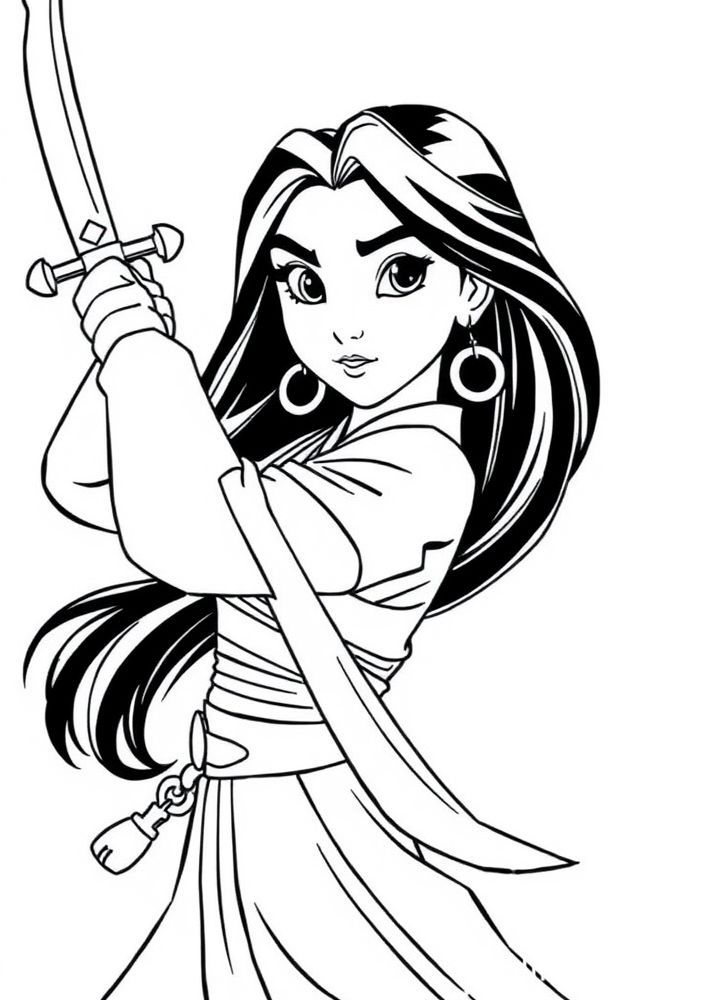 Desenho da Mulan pronta para a batalha para colorir