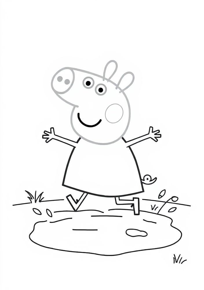 Desenho da Peppa Pig pulando em poças para colorir