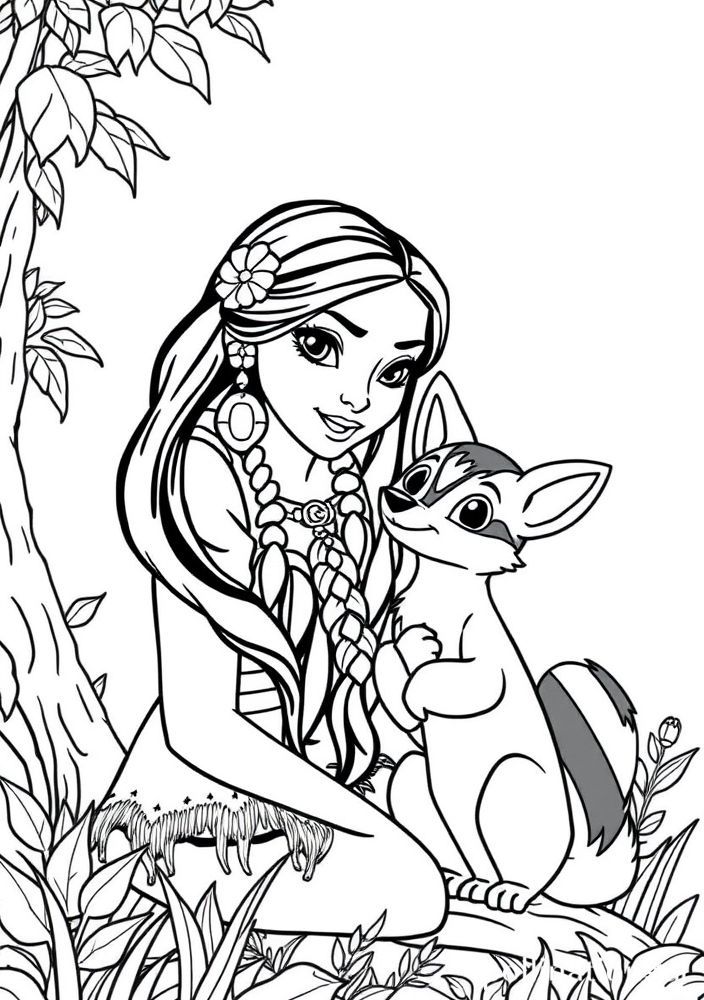 Desenho da Pocahontas com Meeko para colorir