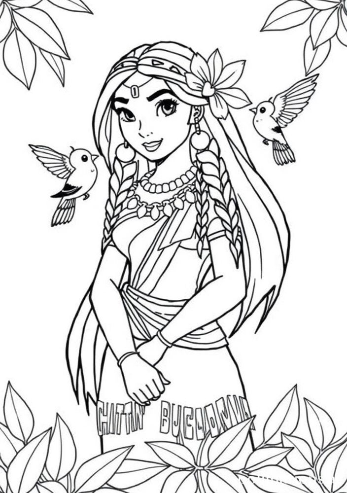 Desenho da Pocahontas com folhas e aves para colorir