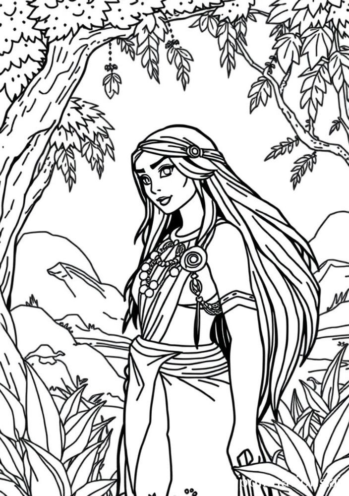 Desenho da Pocahontas com folhas e natureza para colorir