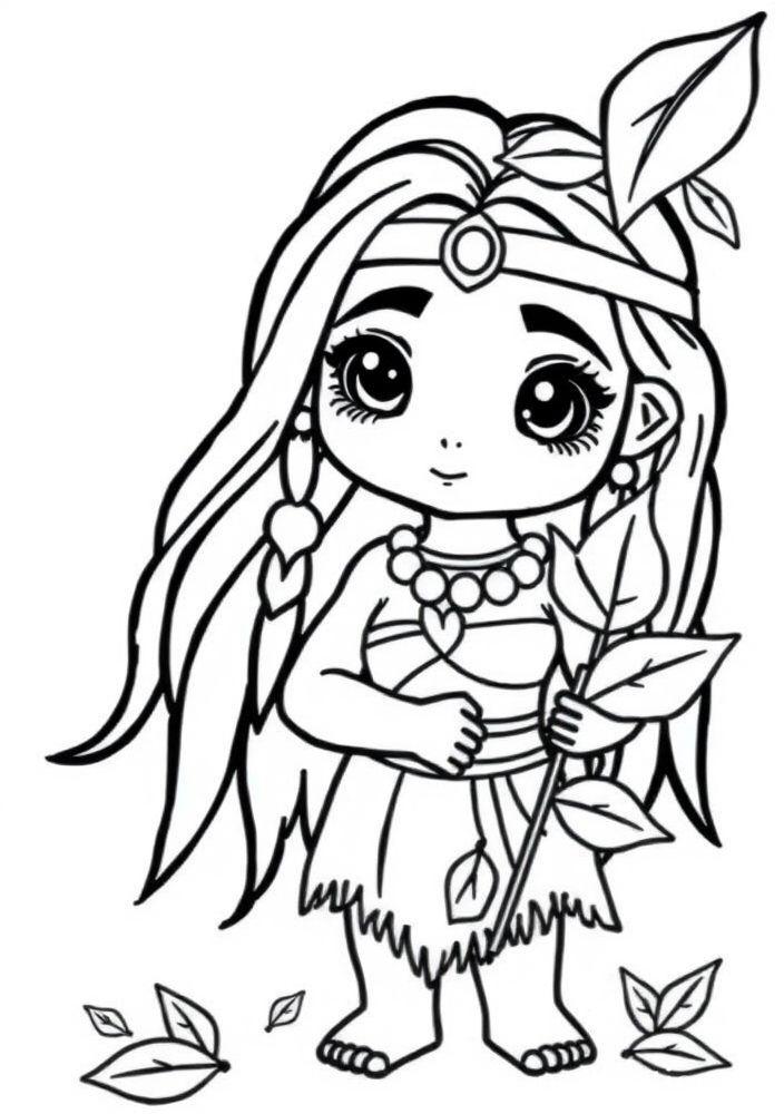 Desenho da Pocahontas com folhas para colorir