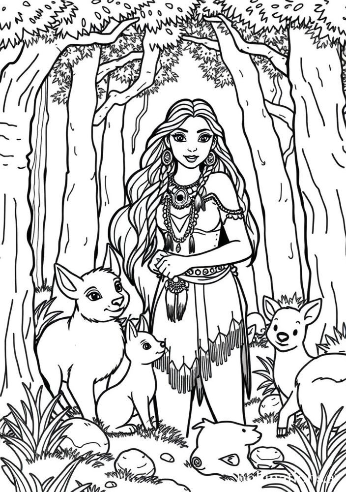 Desenho da Pocahontas com seus amigos animais para colorir