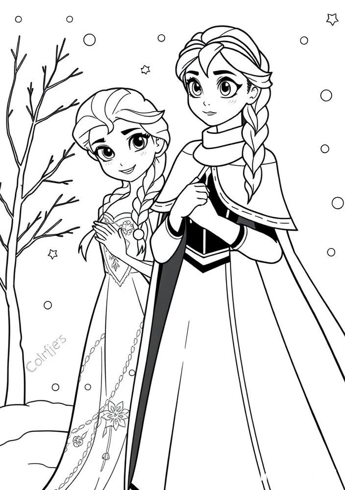 Desenho da Princesa Anna e Elsa em um dia de inverno
