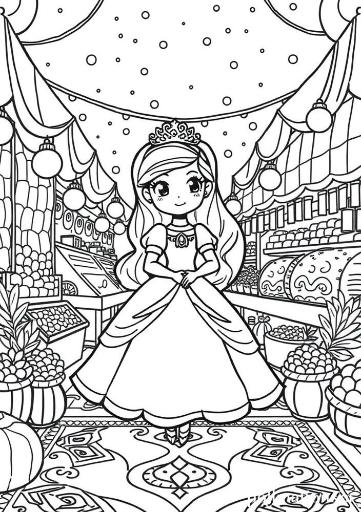 Desenho da Princesa Jasmine em um mercado árabe para colorir