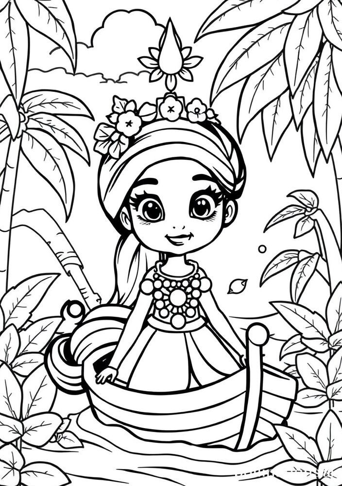 Desenho da Princesa Moana com seu colar e canoa para colorir