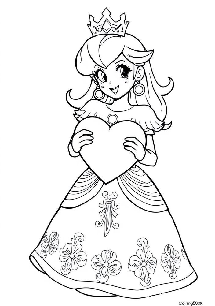Desenho da Princesa Peach com coração para colorir