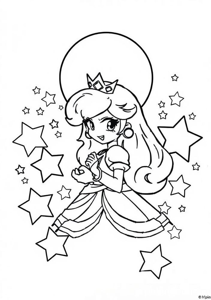 Desenho da Princesa Peach com estrelas e lua para colorir