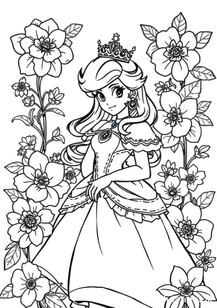Desenho da Princesa Peach com flores para colorir