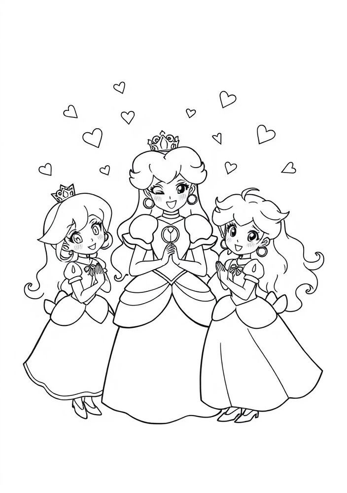 Desenho da Princesa Peach com seus amigos do reino para colorir