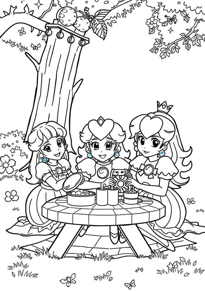 Desenho da Princesa Peach com seus amigos em um piquenique para colorir