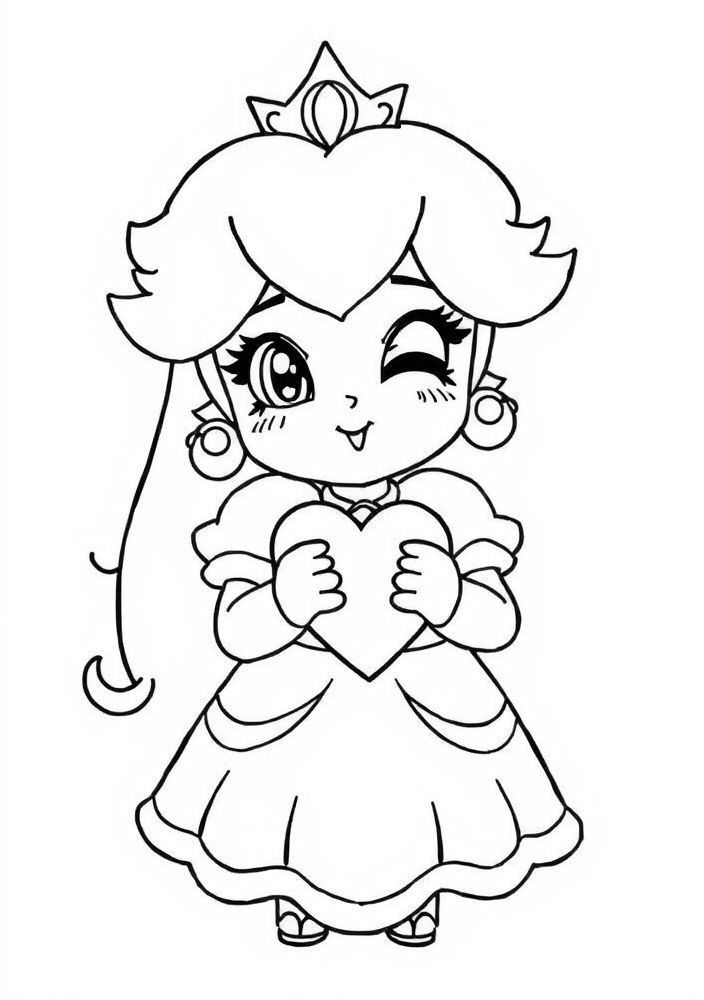 Desenho da Princesa Peach com um coração para colorir