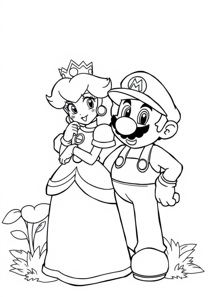 Desenho da Princesa Peach e Mario juntos para colorir