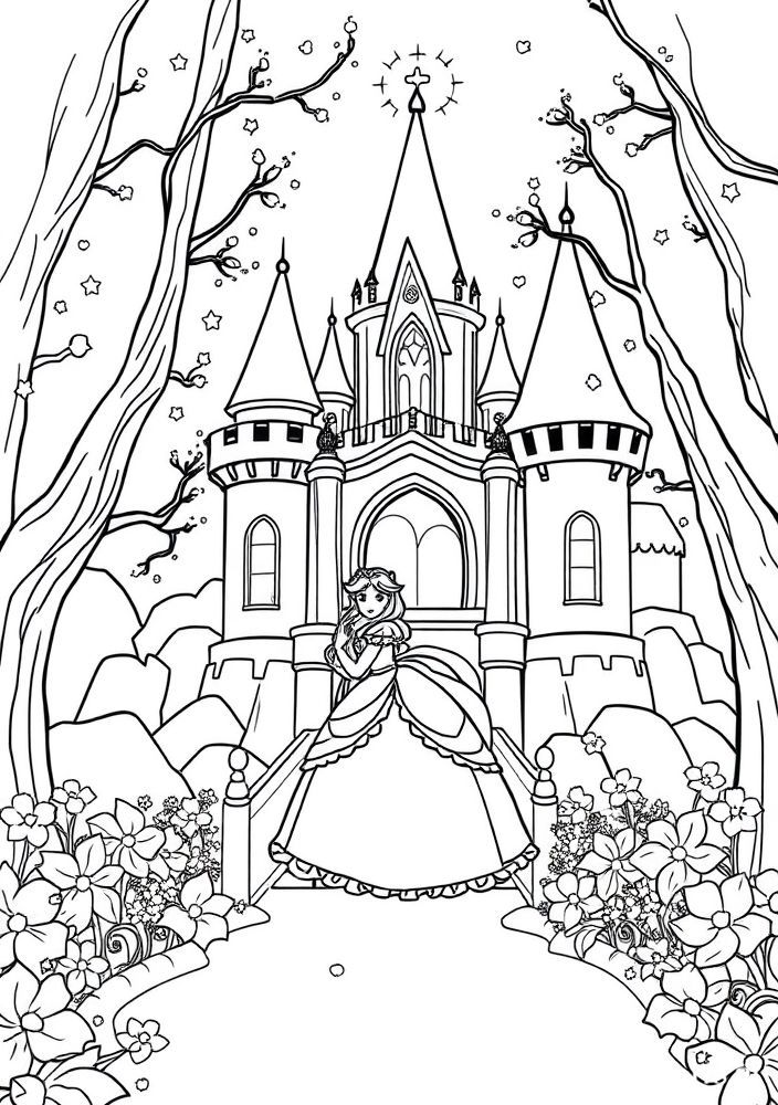 Desenho da Princesa Peach em seu castelo para colorir