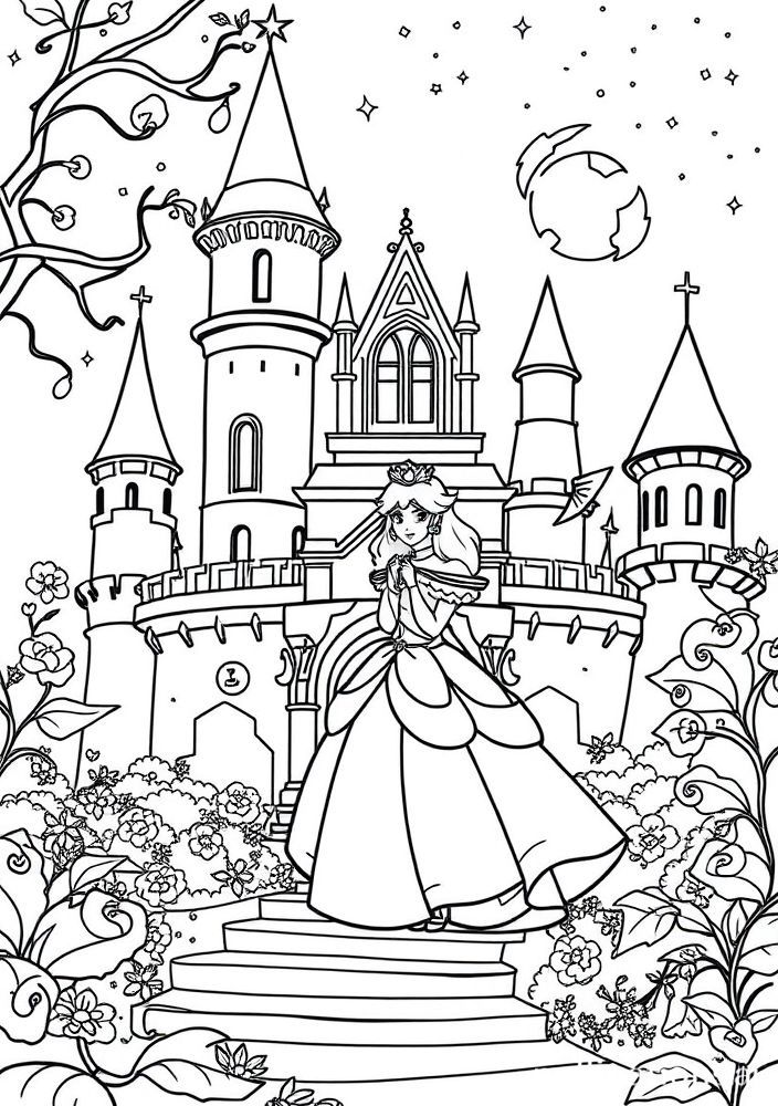 Desenho da Princesa Peach em seu castelo para colorir