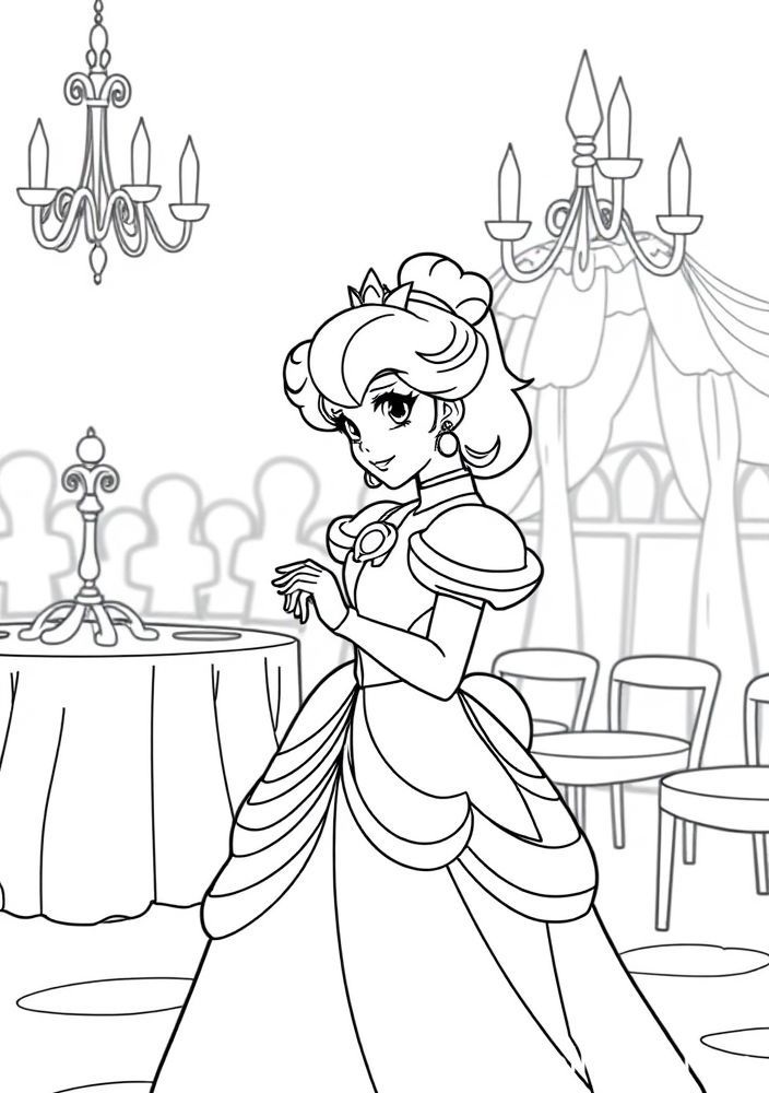 Desenho da Princesa Peach em um baile de gala para colorir