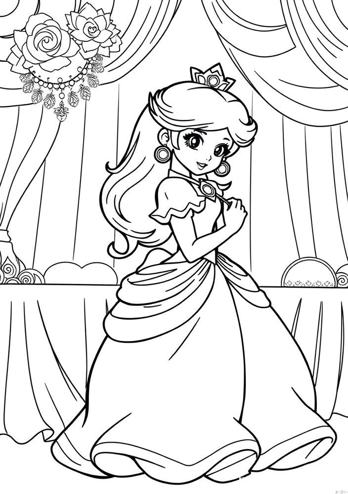 Desenho da Princesa Peach em um baile de gala para colorir