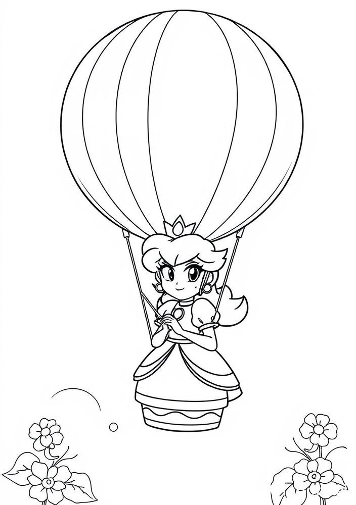Desenho da Princesa Peach em um balão de ar quente para colorir