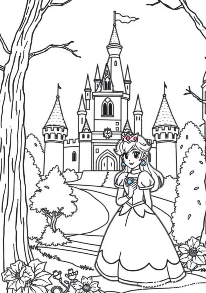 Desenho da Princesa Peach em um cenário de castelo para colorir