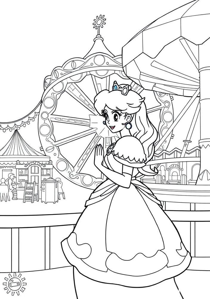 Desenho da Princesa Peach em um parque de diversões para colorir
