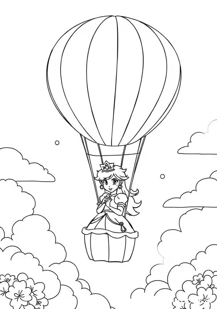 Desenho da Princesa Peach em um passeio de balão para colorir