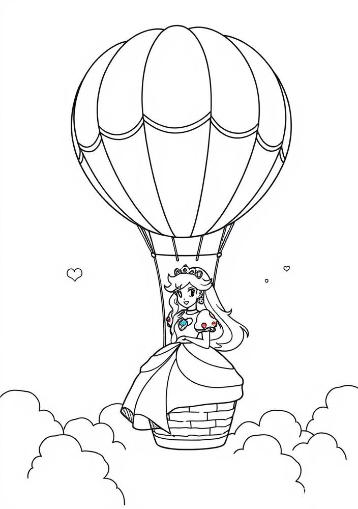 Desenho da Princesa Peach em um passeio de balão para colorir