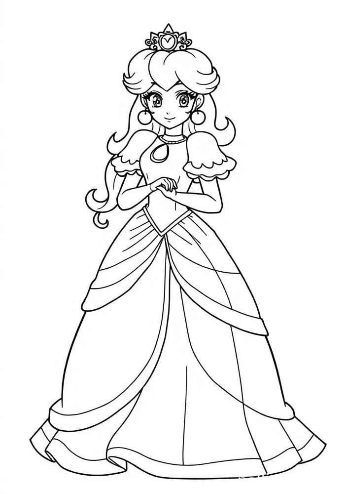Desenho da Princesa Peach em um vestido elegante para colorir