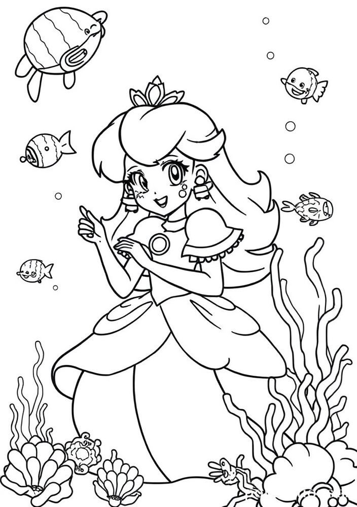 Desenho da Princesa Peach em uma aventura pelo mar para colorir