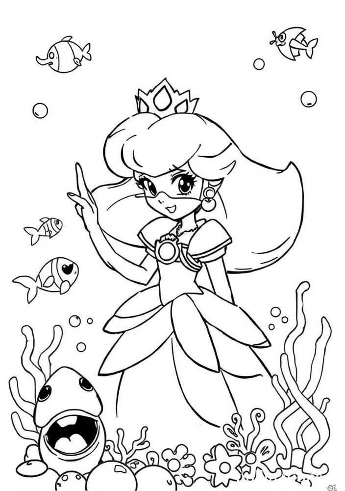 Desenho da Princesa Peach em uma aventura pelo mar para colorir