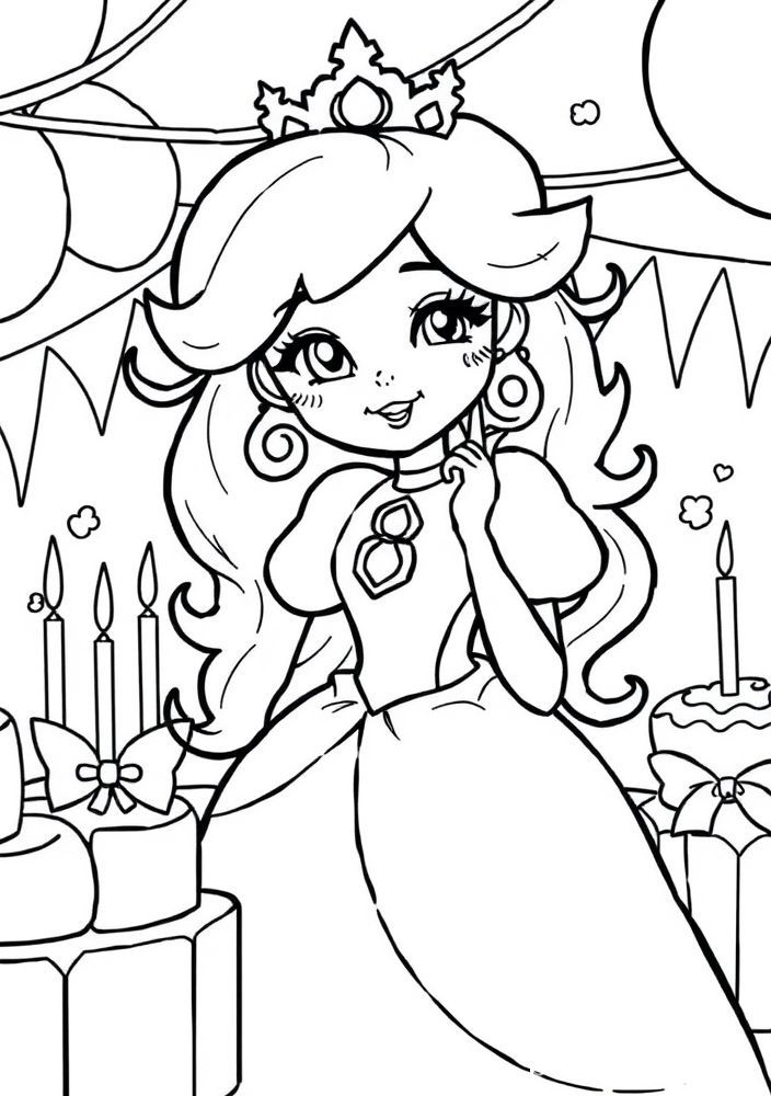 Desenho da Princesa Peach em uma festa de aniversário para colorir