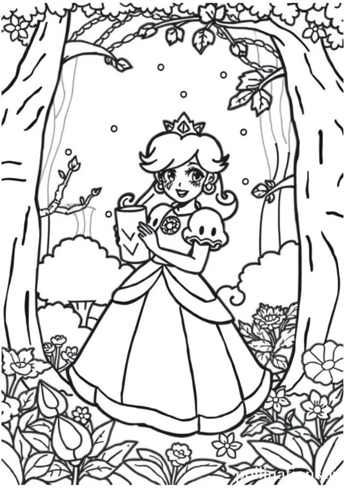 Desenho da Princesa Peach em uma floresta mágica para colorir