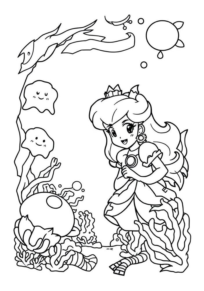 Desenho da Princesa Peach explorando o fundo do mar para colorir