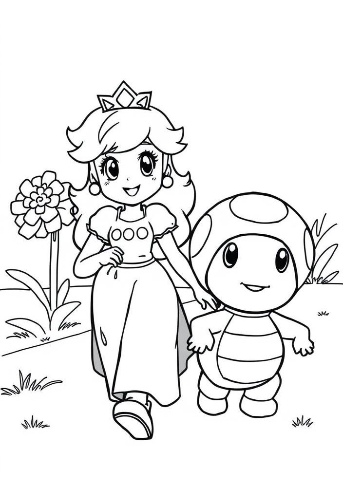 Desenho da Princesa Peach passeando com Toad para colorir