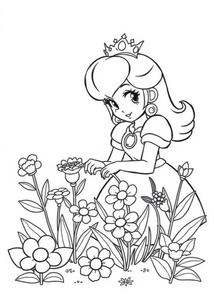 Desenho da Princesa Peach plantando jardins para colorir