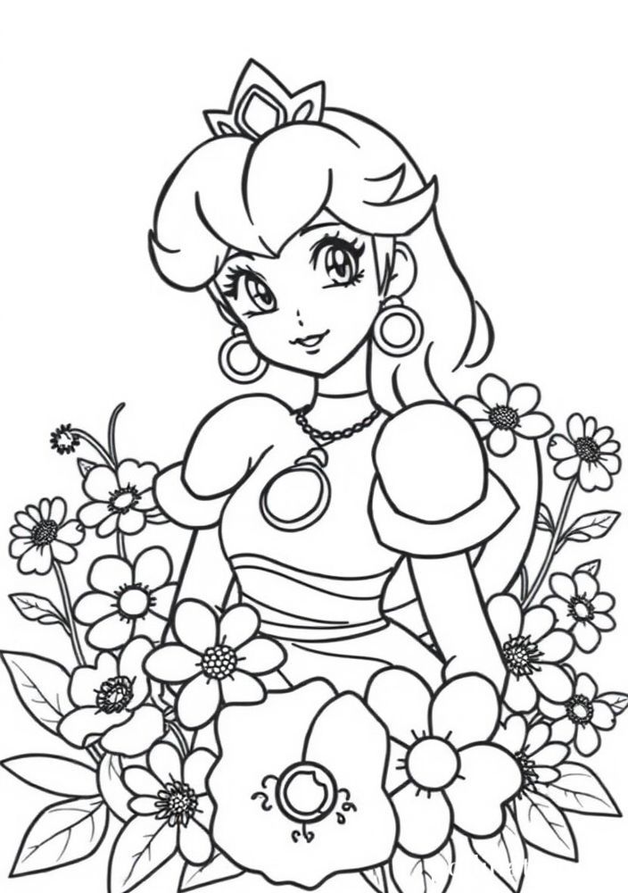 Desenho da Princesa Peach rodeada de flores para colorir