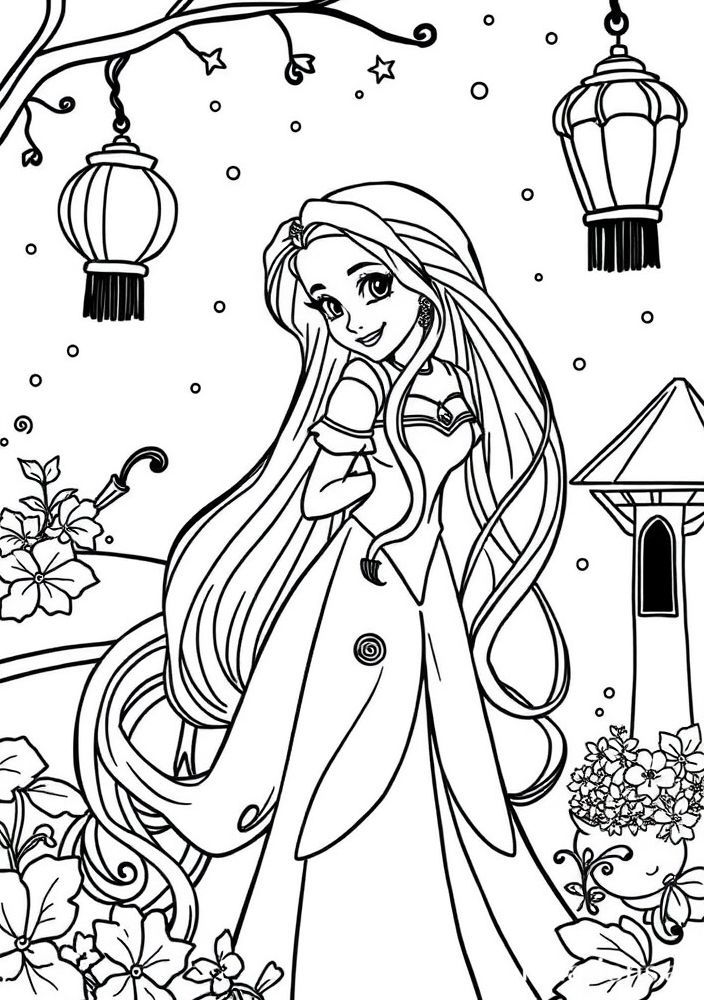 Desenho da Rapunzel com lanternas flutuantes para colorir