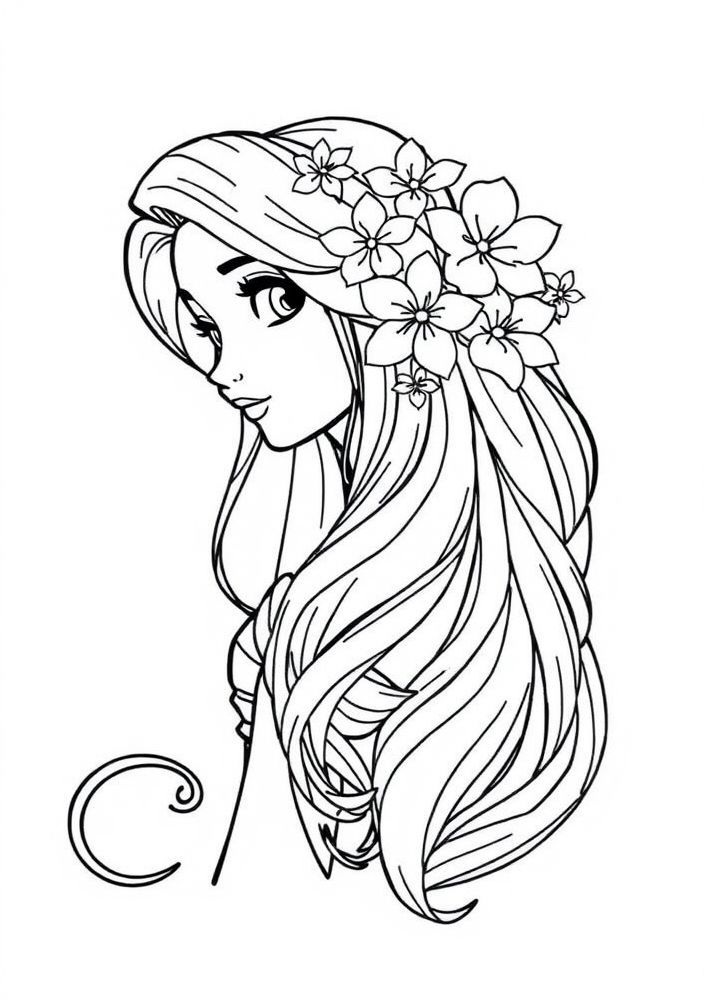 Desenho da Rapunzel com seu cabelo longo e escadaria de flores para colorir