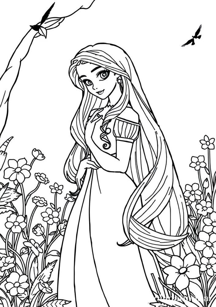 Desenho da Rapunzel com seu cabelo longo e flores para colorir