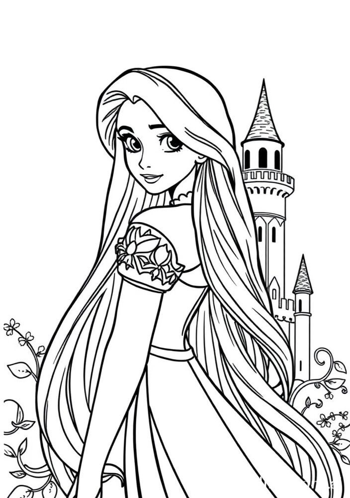 Desenho da Rapunzel com seu longo cabelo dourado para colorir