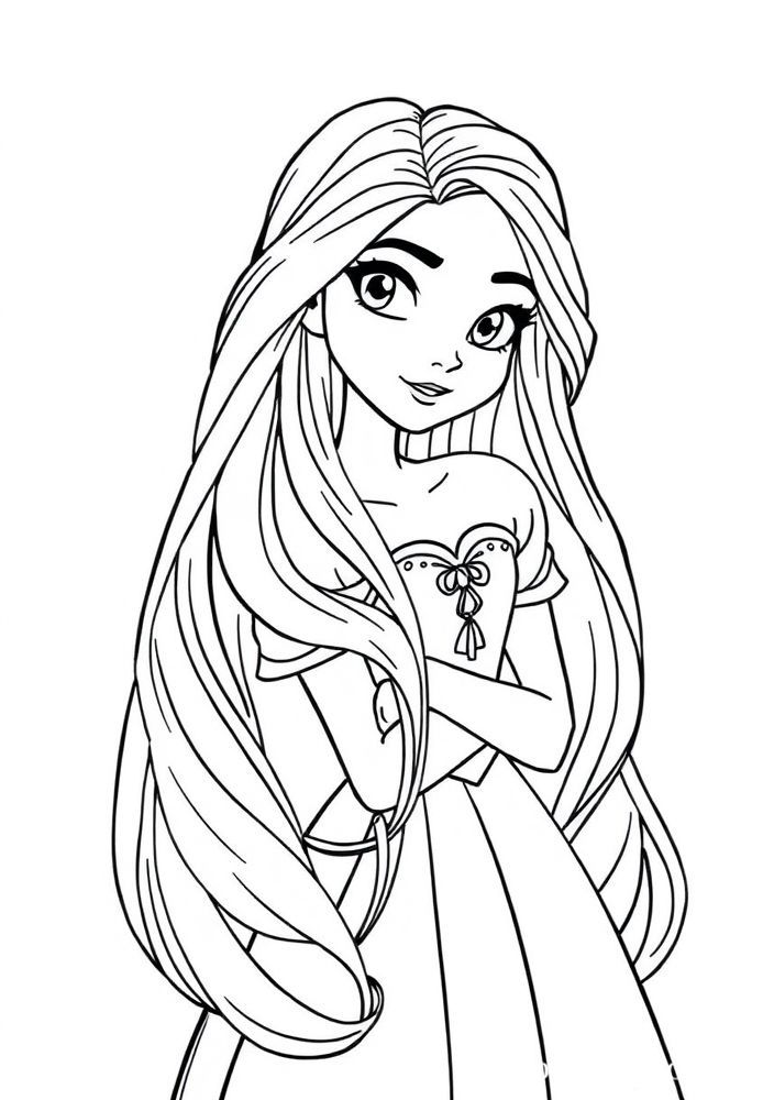 Desenho da Rapunzel com seus longos cabelos para colorir