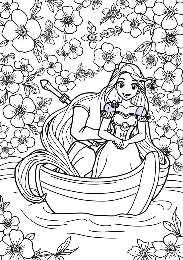 Desenho da Rapunzel e Flynn Rider em um barco para colorir