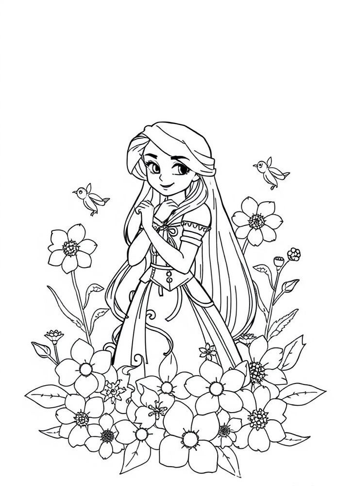 Desenho da Rapunzel em seu cabelo longo e flores para colorir
