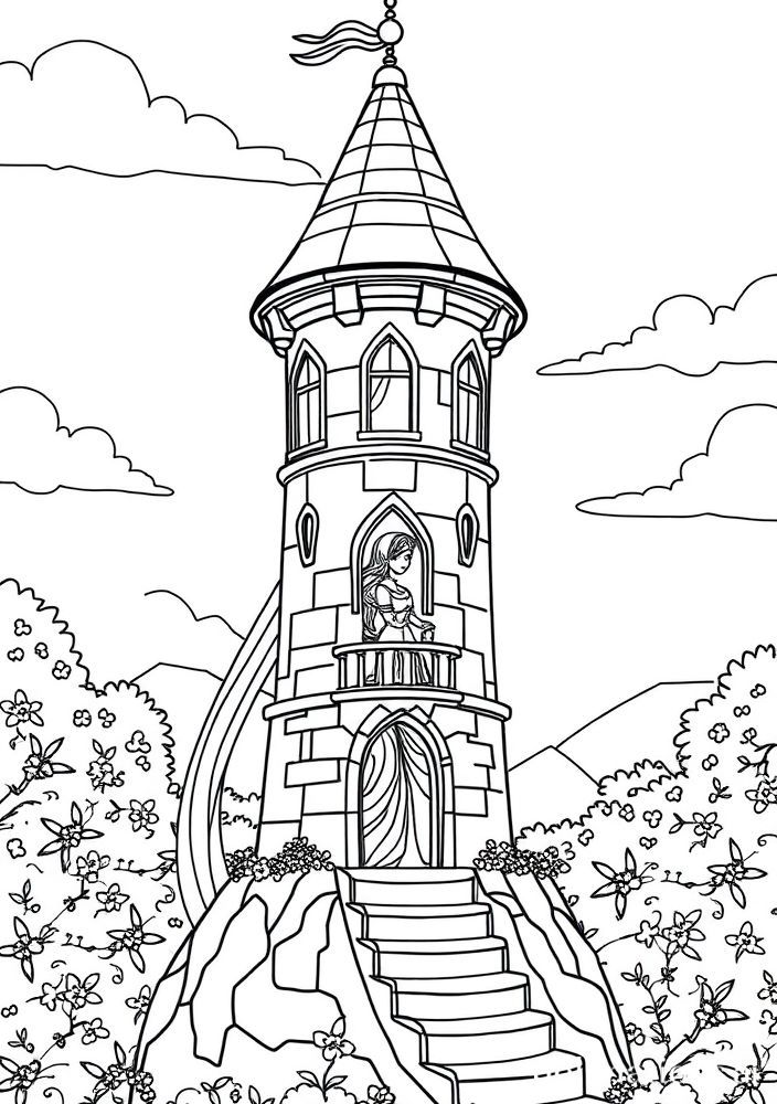 Desenho da Rapunzel em sua torre para colorir