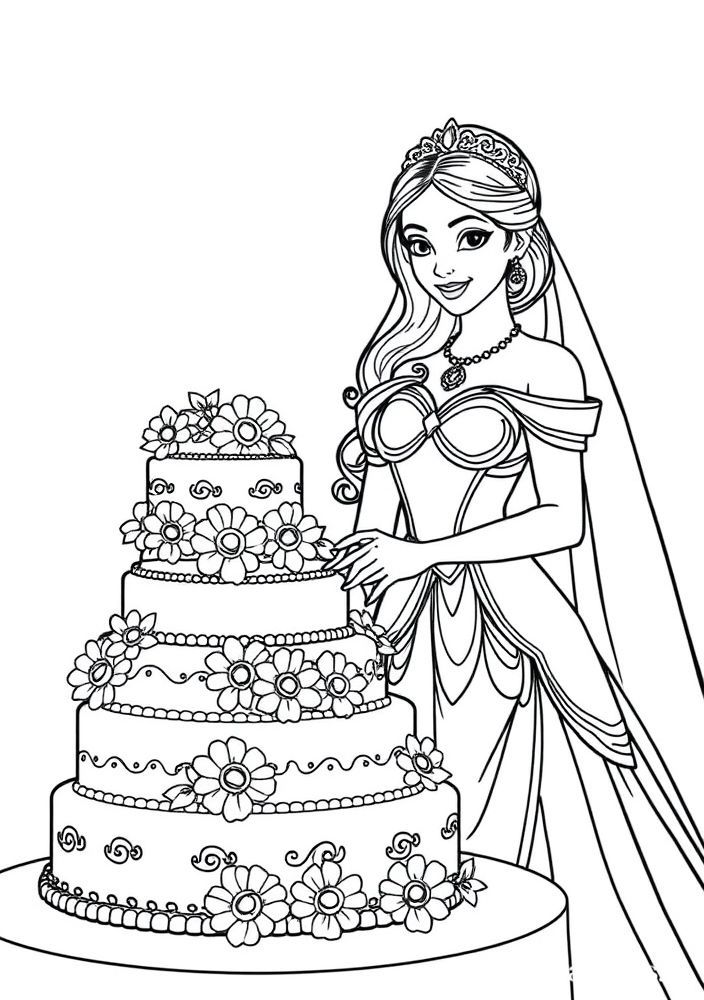 Desenho da Tiana com um bolo de casamento para colorir
