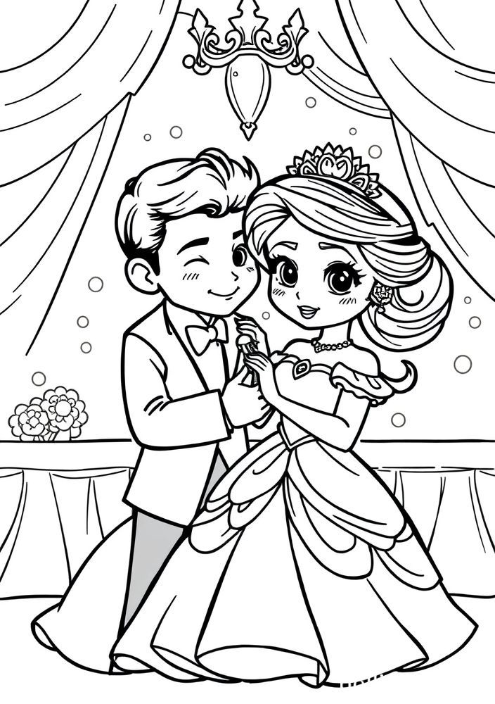 Desenho da Tiana e o príncipe em um baile para colorir