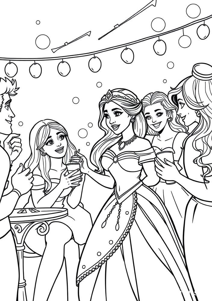 Desenho da Tiana e seus amigos em festa para colorir